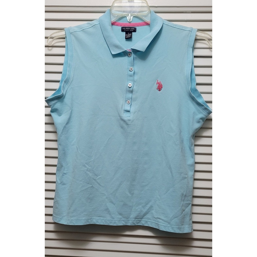 U.S. Polo Assn. Women L Light Blue Pink Sleeveless Stretch Golf shirt